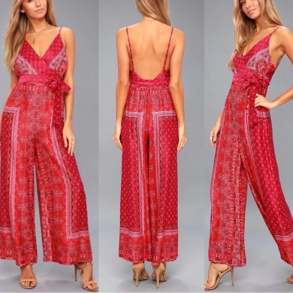 Free People Cabbage Rose Boho Wrap Top Waist Tie Satin Wide Leg Jumpsuit Size 2‎ - Picture 3 of 12